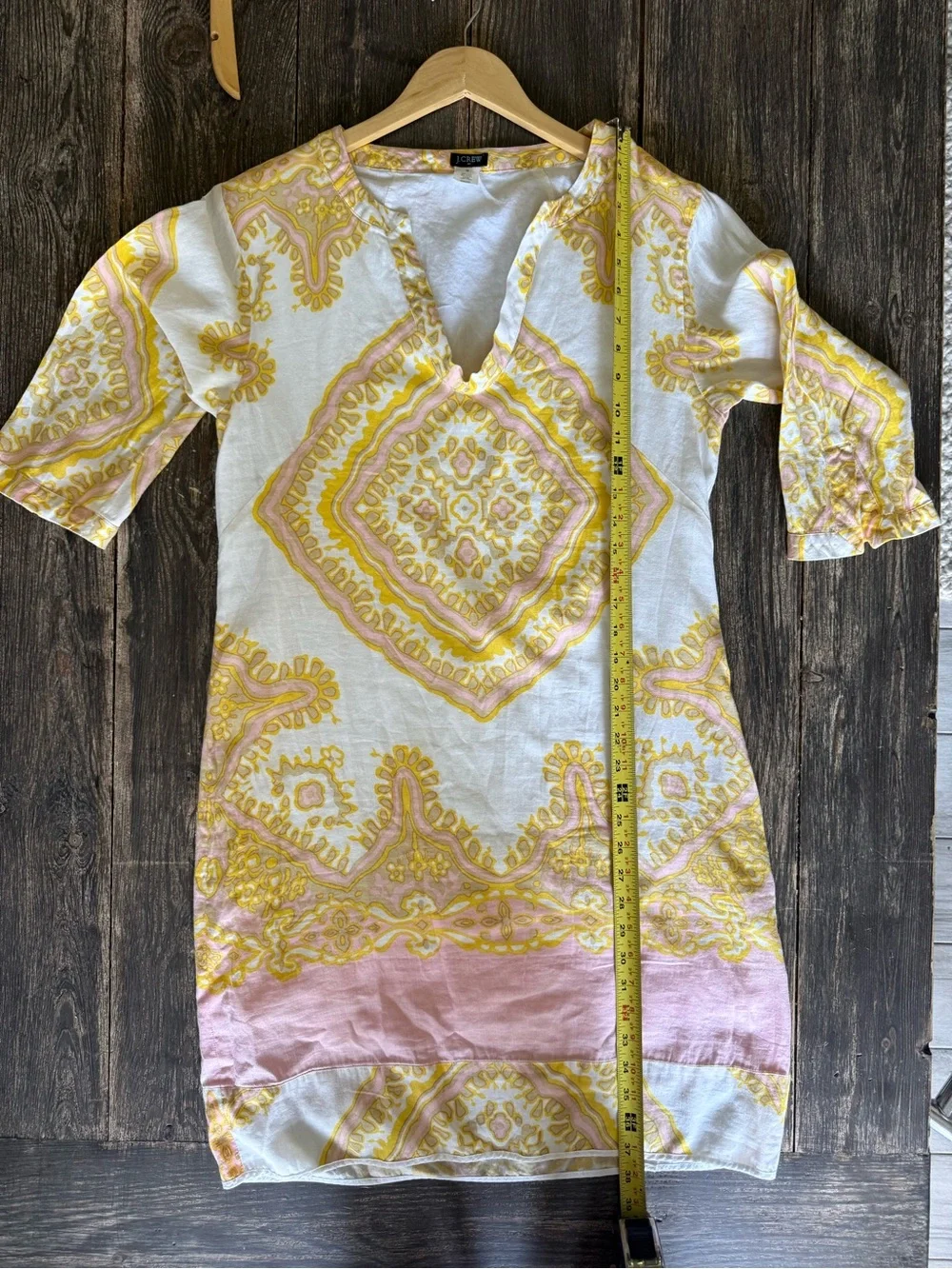J.Crew Bazaar Linen-Cotton Tunic Dress Yellow Paisley Pink - Size 10